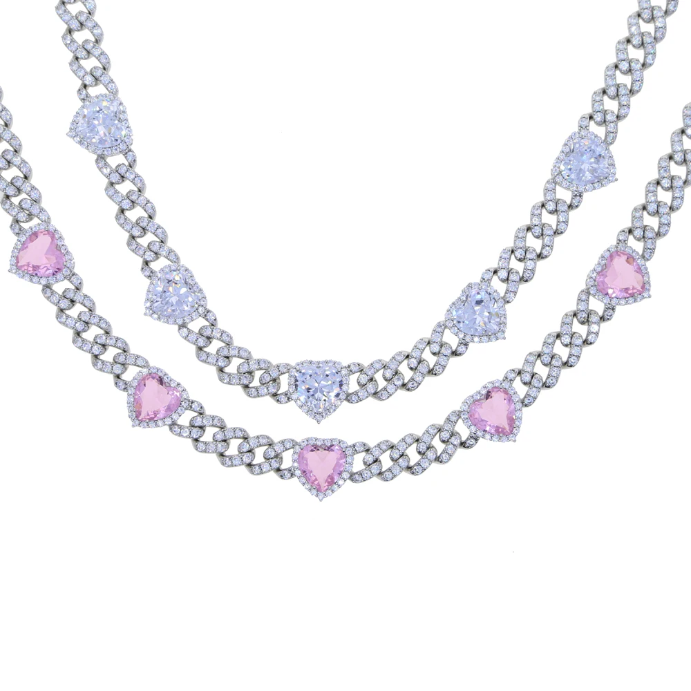 Iced Out Bling Cubic Zirconia 11mm Miami Cuban Link Chain Hearts Necklace Pink Heart CZ Charm Choker Jewelry Hiphop For Women