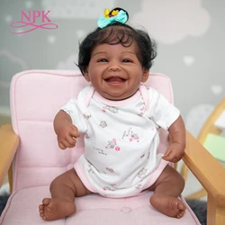 NPK 49CM Full Body Soft Silicone Bebe Doll Reborn African American Black Dark Skin Baby Sweet Happy Baby Waterproof Bath Toy