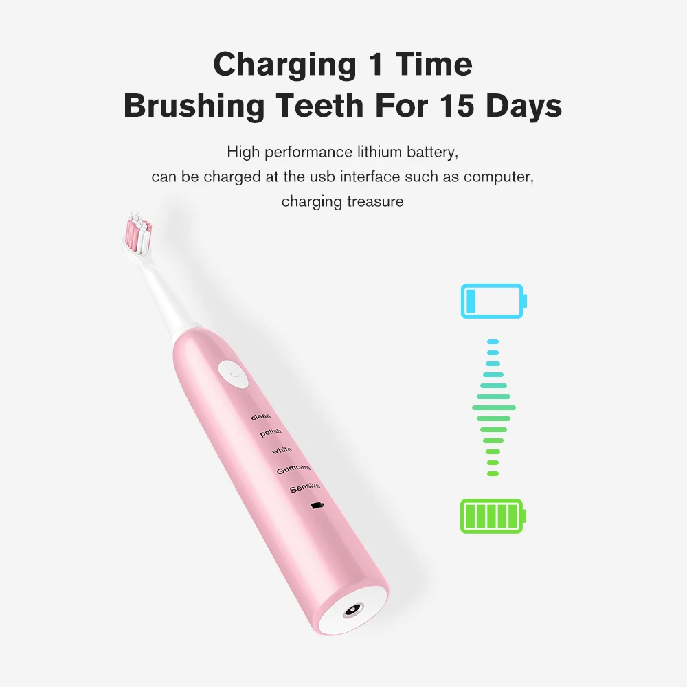 Ultrasonic Sonic Electric Toothbrush USB Charge Rechargeable Tooth Brushes With 4 Pcs Replacement Heads Timer Teeth Brush