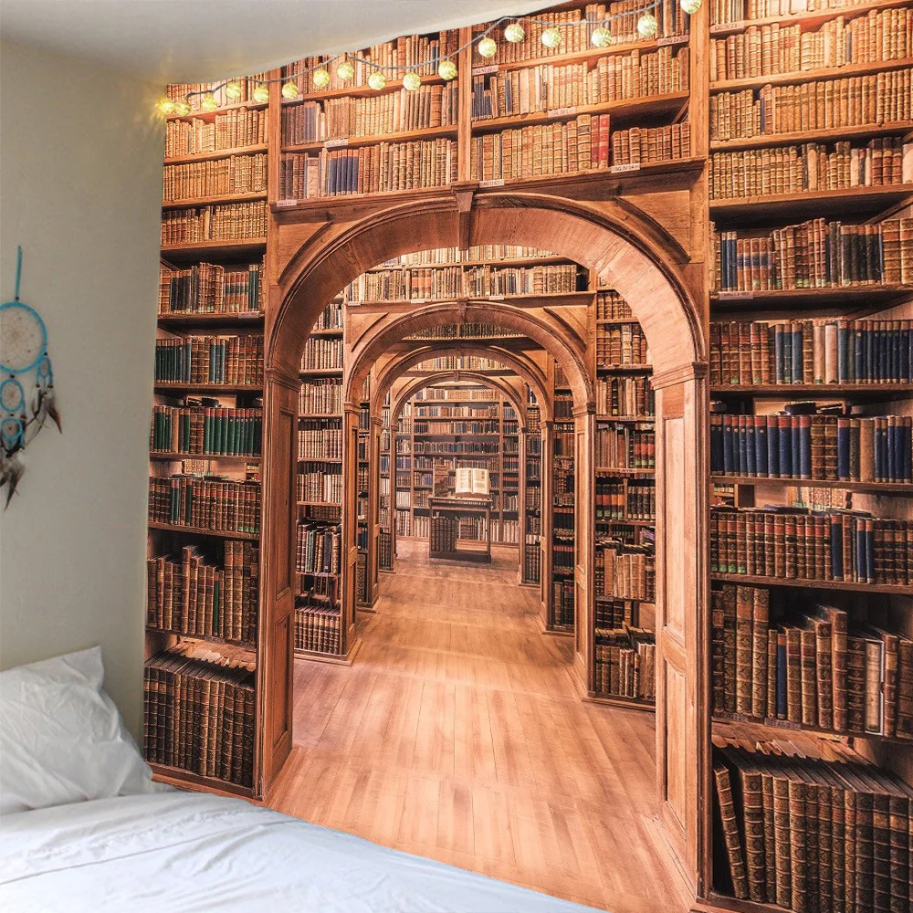 Magic Retro Library Bookshelf Tapestry Environmentally Friendly Print Decorative Hanging Cloth Wall Carpet Bedspread Home Decor