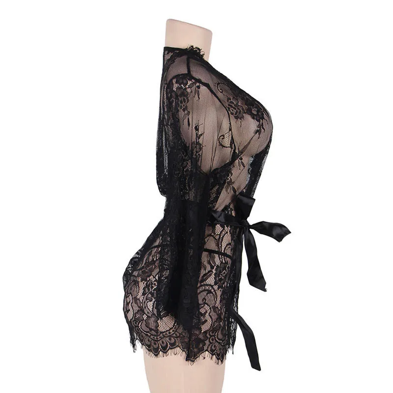 Vestido de noche de encaje para mujer, lencería Sexy, camisón de vendaje con escote en V profundo, transparente, 2020
