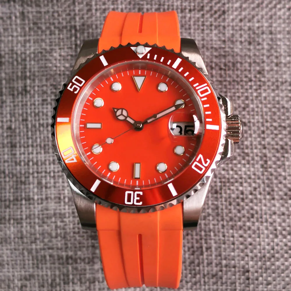 Orange Unisex Men's Automatic Watch NH35 Movement Mechanical Wristwatch Cyclop Sapphire Crystal Date Rubber Strap Aluminum Bezel