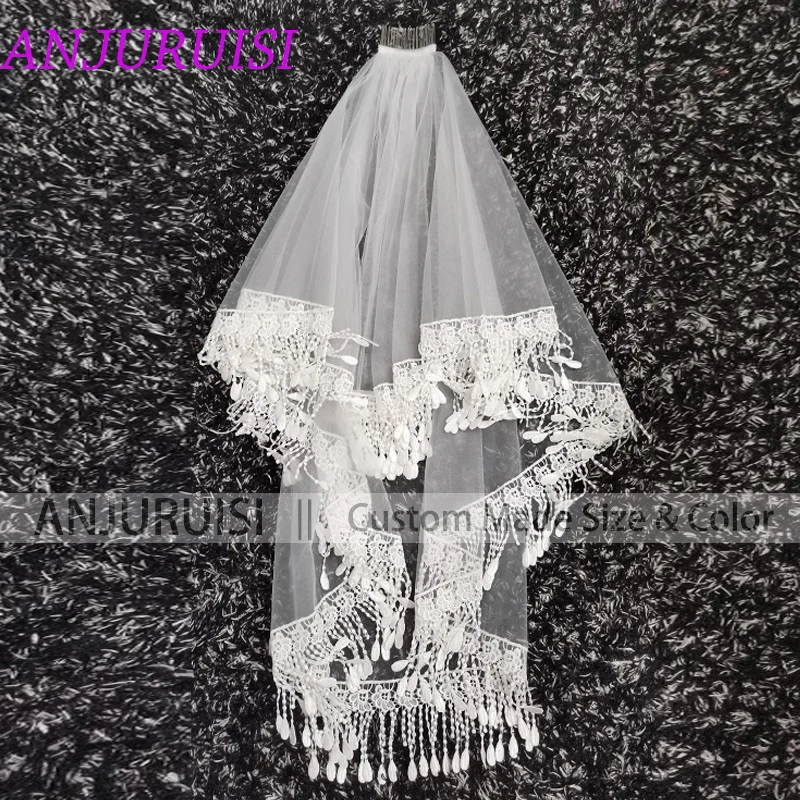 ANJURUISI 2020 Hot Sale Two Layer White Ivory Tulle Bridal Veil Lace Edge Cheap Short Wedding Veils veu de noiva longo In Stock