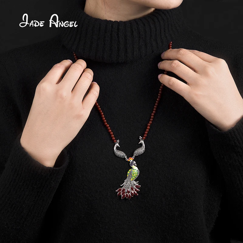 Jode Angel Vintage Necklace Carnelian Chain Enamel Peacock Accessories 925 Sterling Silver Necklace For Women