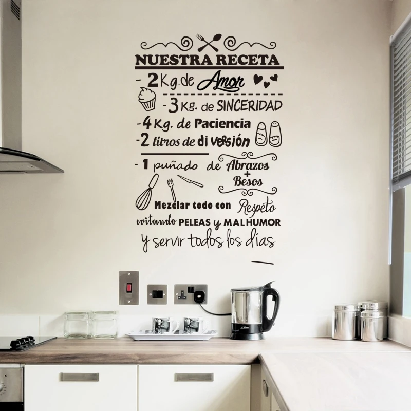 Spanish Recipe Wall Stickers Nuestra Receta Vinyl Wall Art Decal Restaurant Kitchen Decoration Removable Wall  Window Poster