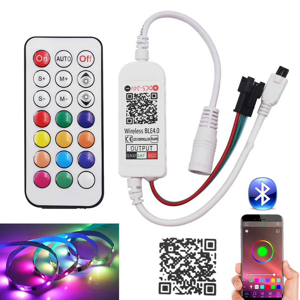 DC5-24V Bluetooth Controller Music Control WS2811 WS2812B LED Strip Light Controller with 21Key IR Remote