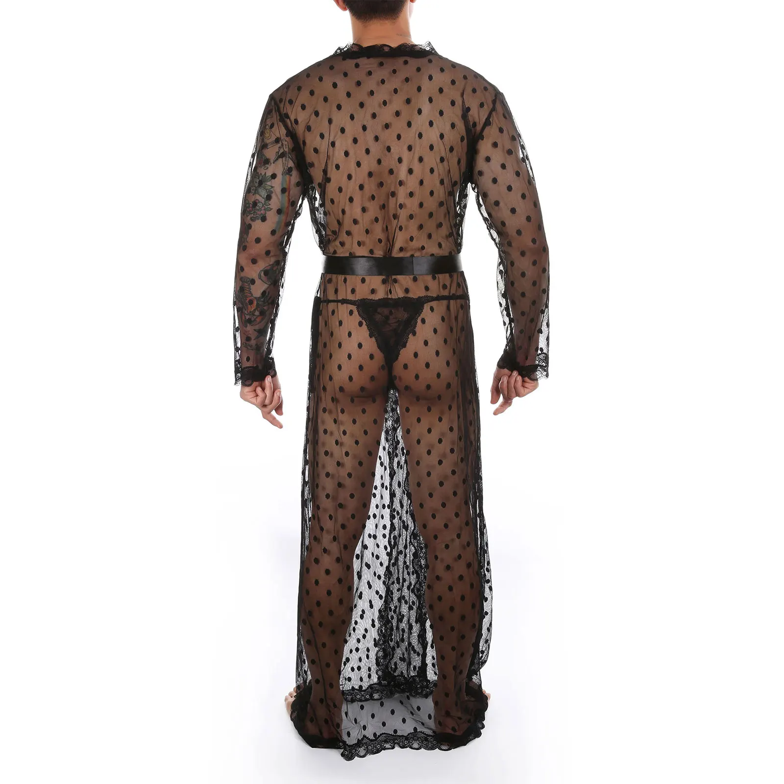 Men Sleepwear Set Dot Pattern Lingerie Black Sexy See-through Sheer Mesh Lace Trim Bathrobe Belted with Lace-up G-string Panties