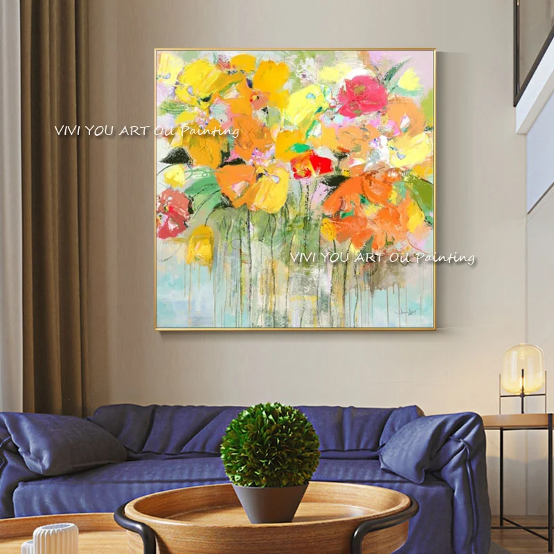 Handmade  Unframed  Colorful Thick Knife Flower Canvas Oil Painting Home Wall Decoration Canvas Art for corridor Decorate