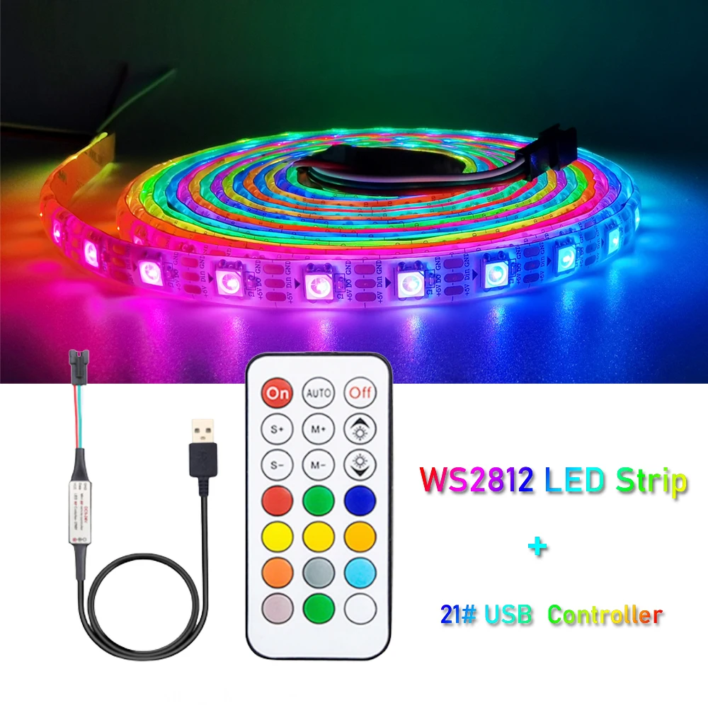 

USB LED Strip RGB WS2812 WS2812B Addressable Pixel Tape 21Keys Remote Controller For TV Back Under Cabinet Lamp 1-5M DC5V