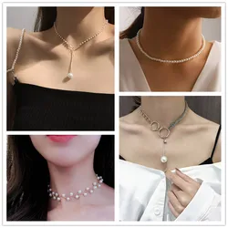 New Korean Pearl Necklaces for Women Gold Color Link Chain Choker Fashion Neck Accessories Elegant Collar bijoux femme