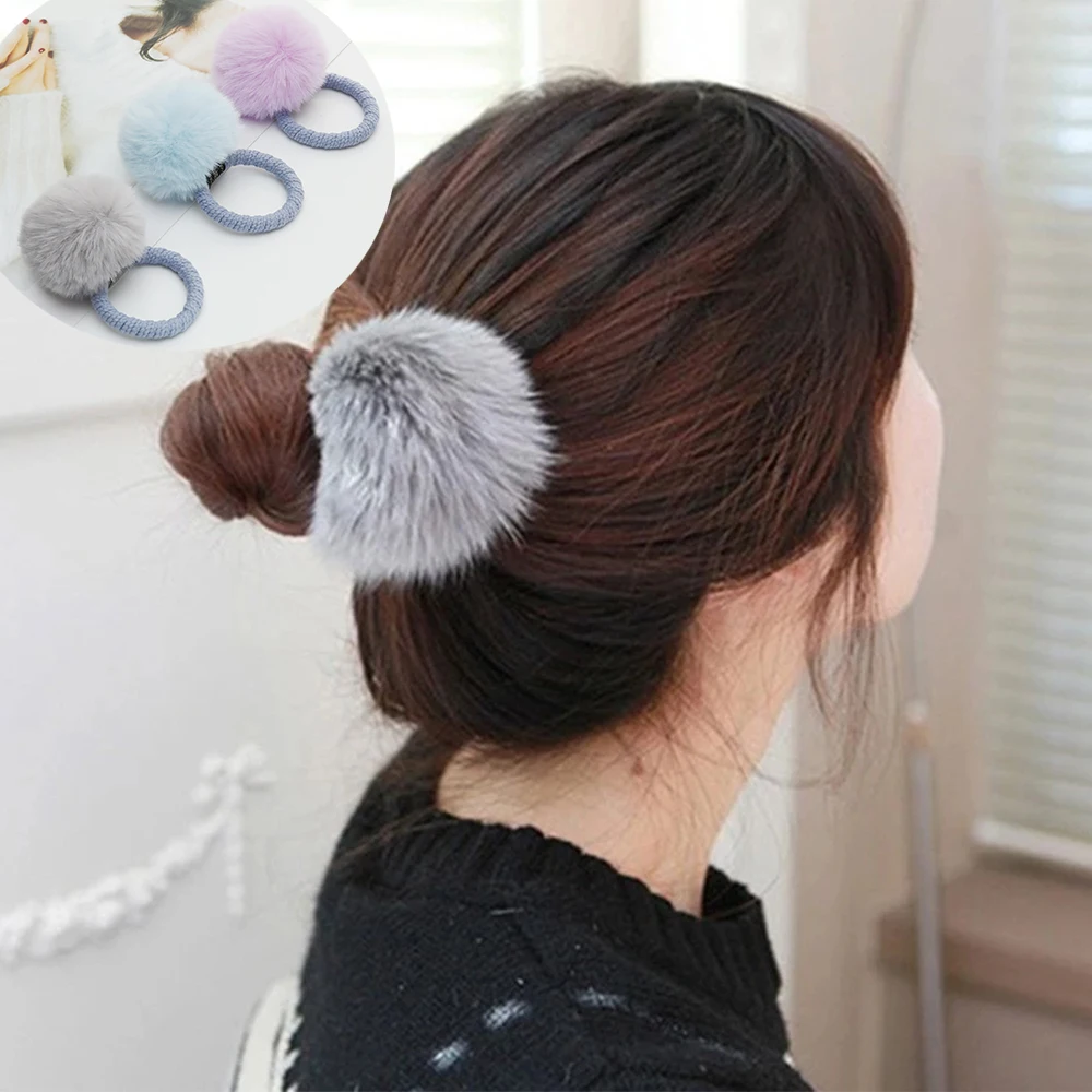 Lovely Colorful Fur Ball Elastic Hair Ring Plush Female Rubber Band Elastic Hair Bands Girl Womens Scrunchy Hair Tie Accessories