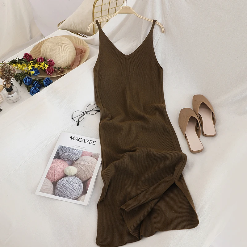 Fashion Knitted Women Dresses Elegant Solid Colid Korean Split Out Sleeveless V-Neck Party Female Dress Vestidos