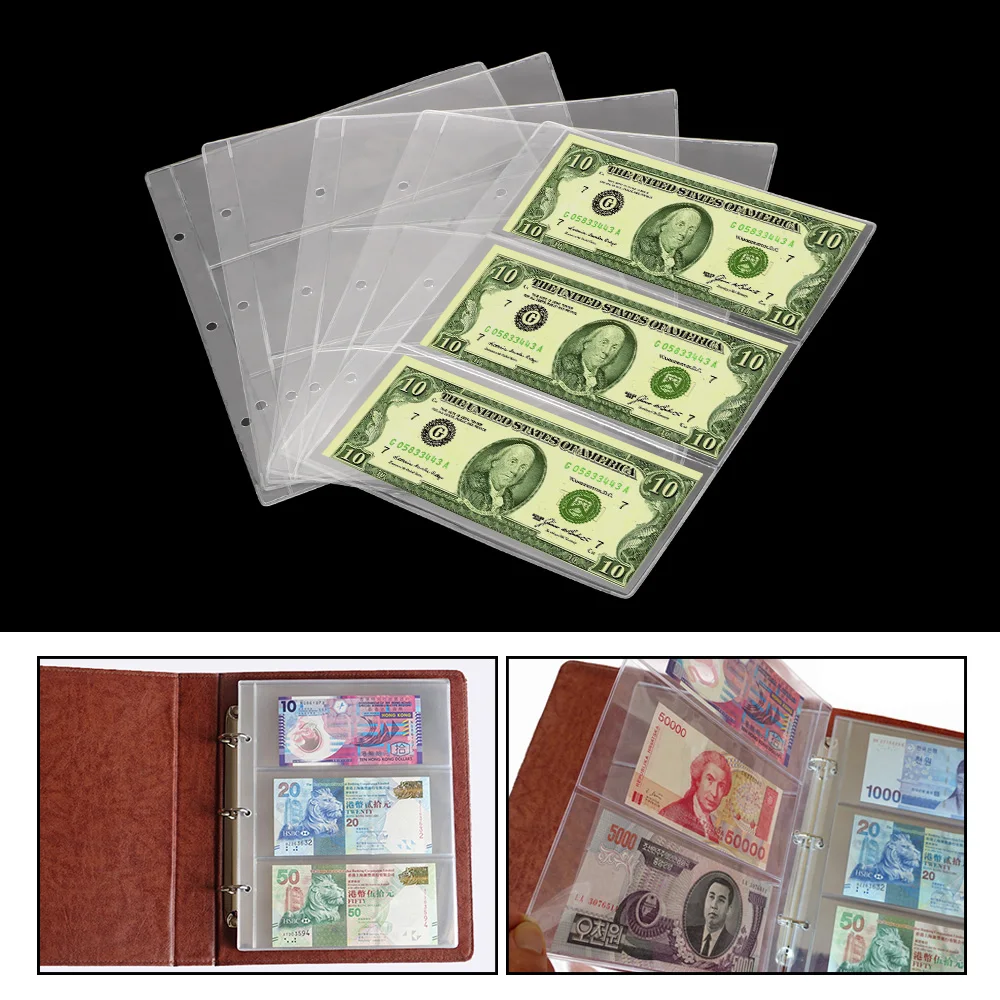 For Collector 3-Slot Paper Money Protective Bag Portable Loose Leaf Sheet Banknotes Holder Paper Money Collection Album