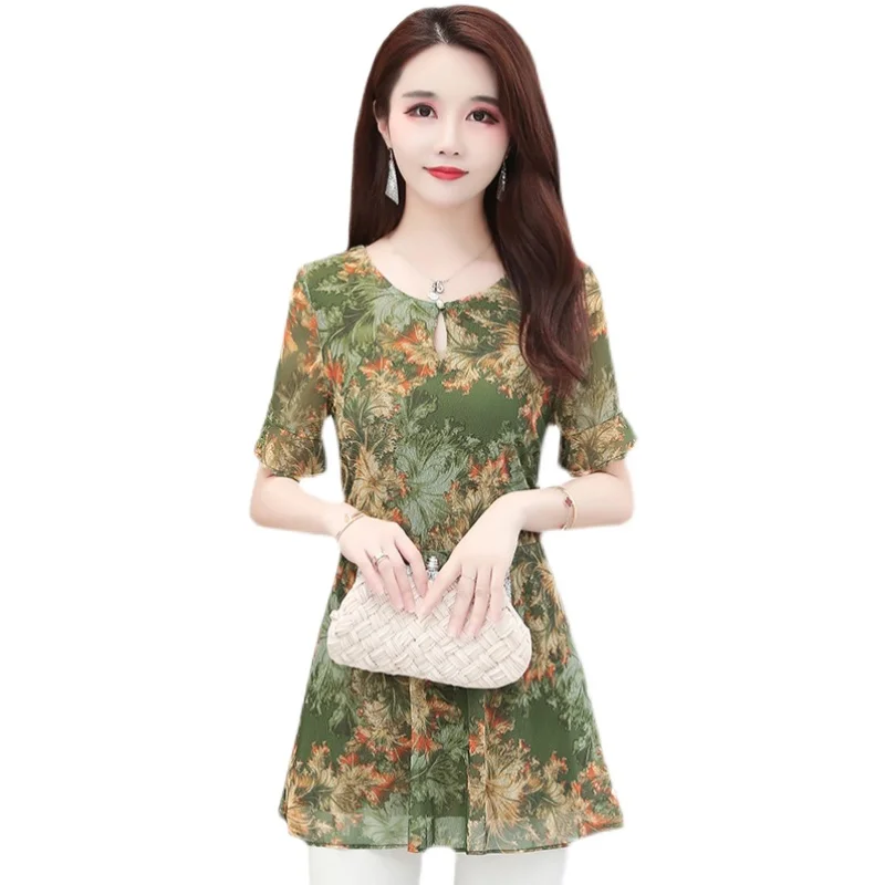 2022 Summer Clothes 5XL 4XL 3XL Tops Blusas For Women Green Summer Floral Print Tunic Long Shirt Casual Belly Peplum Blouses