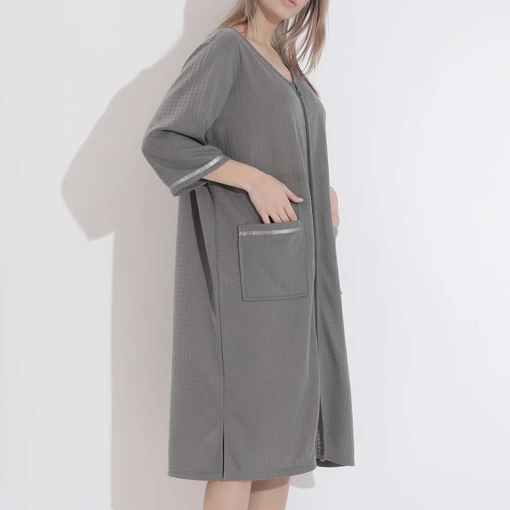 Women Bathrobe Nightgown Zipper Pocket Loose Nightwear Thin Robe Gown Sleepwear 3XL Casual Pajamas Robe Loungewear Dress