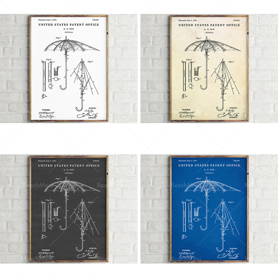 Umbrella Patent Print vintage Patent Drawing. Blueprint Wall Art Fashion Decor Affiche