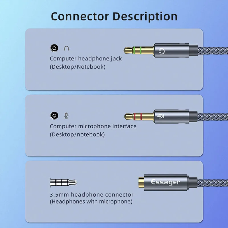 Essager Headphone Splitter Earphone Adapter Audio 3.5mm Female to 2 Male Jack Mic Y Splitter Aux Cable for PC Adapter Aux Cable