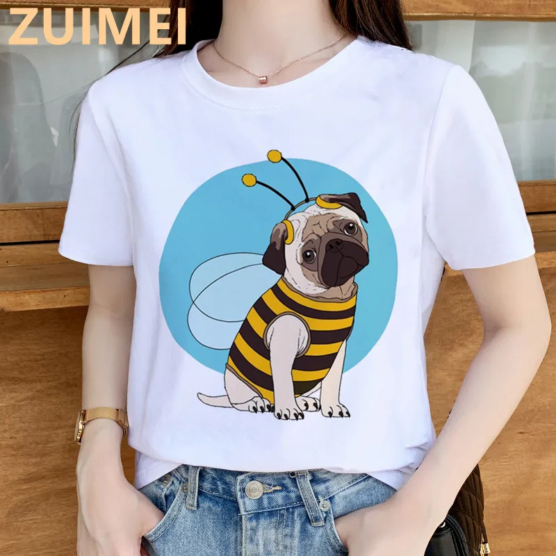 Funny Puppy Pug Santas Cap Print Harajuku Top Women T-shirt Casual ladies basic O-collar Short Sleeved T-shirt Girl,Drop Ship