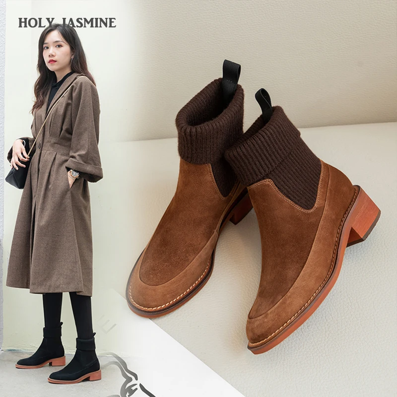 2020 Winter Autumn Ankle Boots for Ladies Size 34-39 Knitting Sock Boots Women Square Toe Black Brown Booties Slip Ons Shoes New