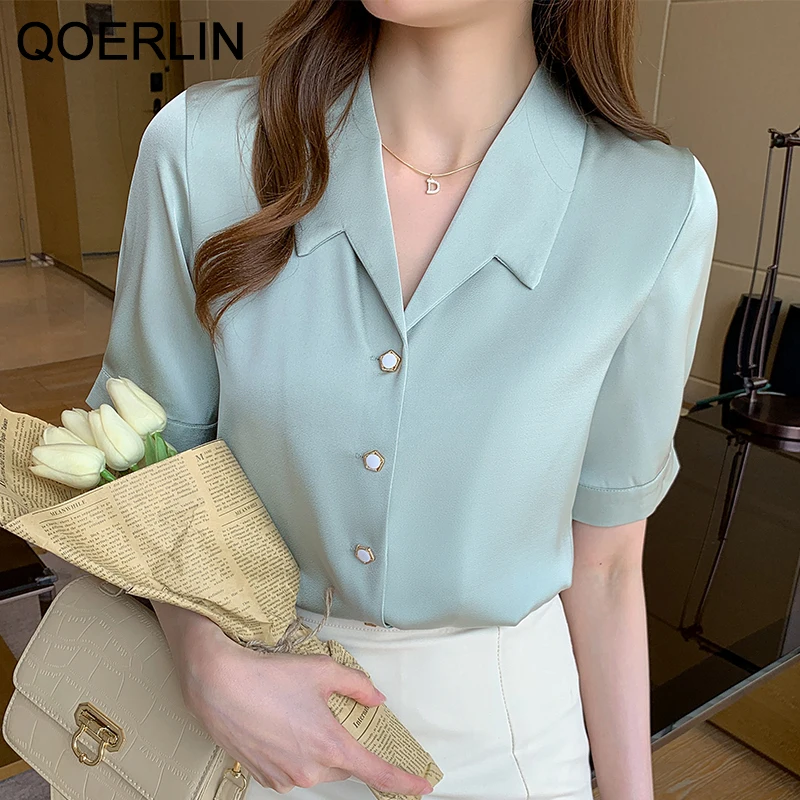 QOERLIN-Camisa cetim de manga curta para mulheres, blusa branca com botão, tops doces, elegante e formal, senhora do escritório, OL, chique e