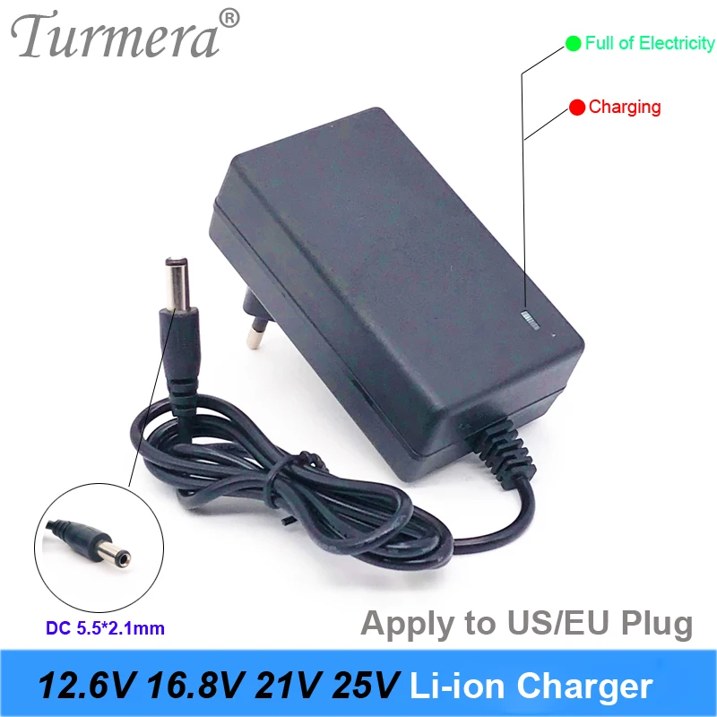 Turmera 12.6V 16.8V 21V 25V 2A 18650 Lithium Battery Charger 5.5*2.1MM for 3S 4S 5S 6S 12V to 25V Screwdriver Battery Pack  Use