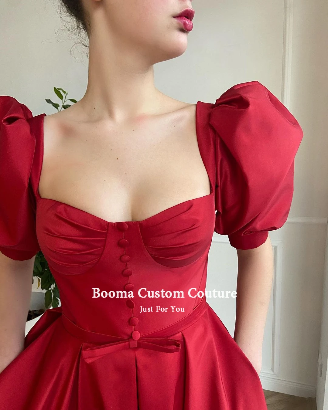 Booma Elegant Red Short Prom Dresses Puff Sleeves Front Slit Buttoned Prom Gowns with Pockets Tea-Length Wedding Party Dresses