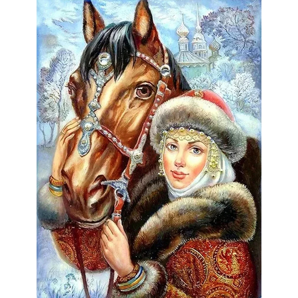 YI Bright 5d DIY Full Square/Round Diamond Painting Woman Horse Set For Embroidery Cross Mosaic Winter Portrait Rhinestone Pic