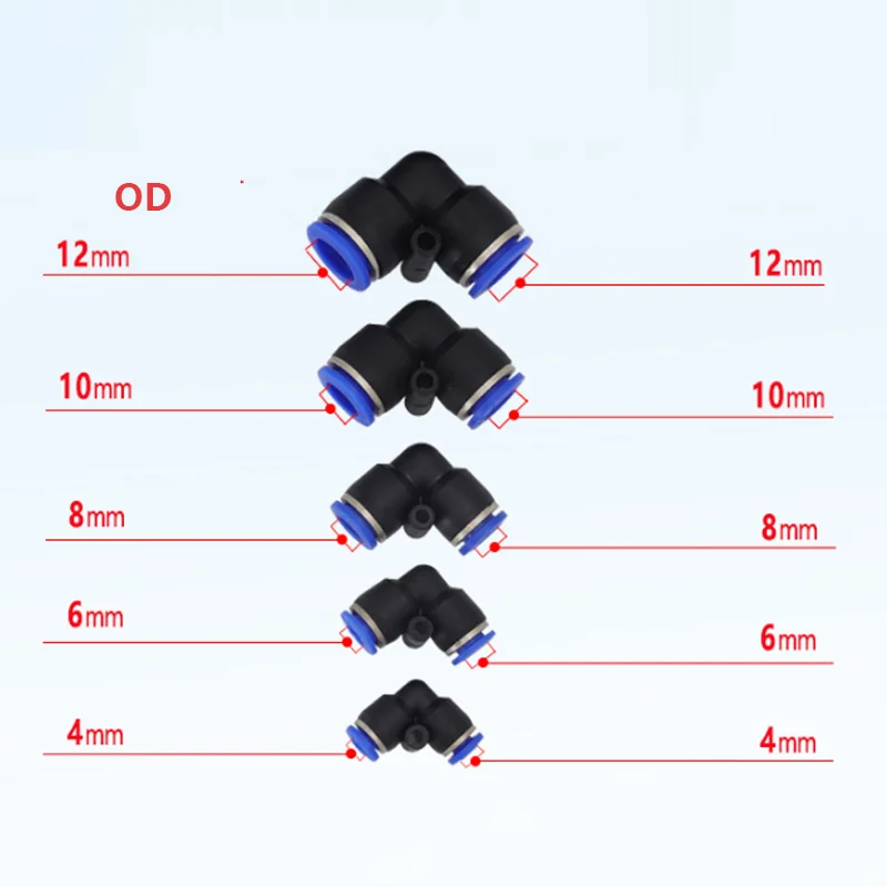 100pcs/Pack Pneumatic Fittings PV series 4 6 8 10 12MM OD L Type Flow Speed Tube Plastic Quick Air Connectors