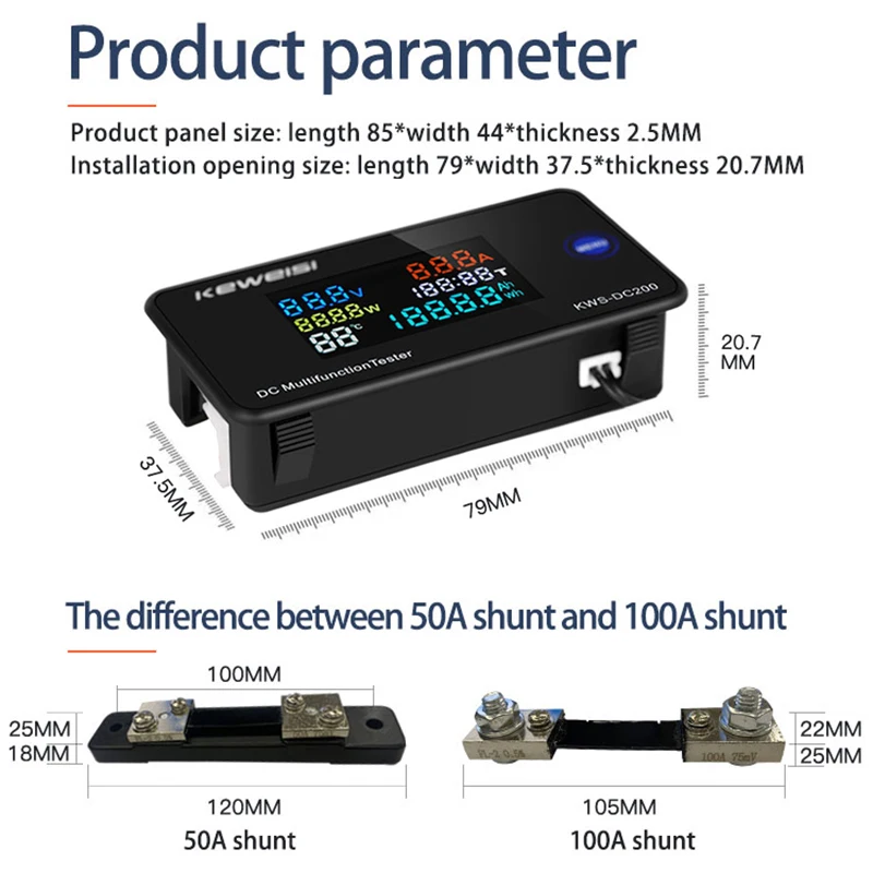 KWS DC Monitor zasilania cyfrowy wyświetlacz miernik napięcia prądu z funkcja resetowania kolorowy ekran Tester mocy detektor 0-200V 0-100A