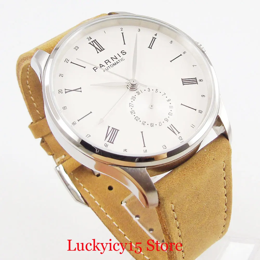 PARNIS Self Winding Men Wristwatch 24 Hours Date Indicator White Dial ST Movement Camel Strap 42mm