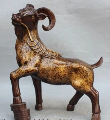 RHS0191 20"China Bronze Gilt Folk Animal Feng Shui Zodiac Year Sheep Money Wealth Statue