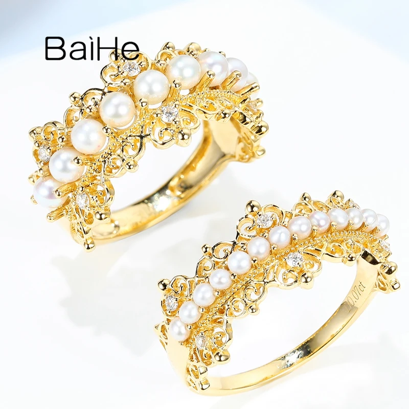 BAIHE Solid 14K Yellow Gold 1.5mm/2mm Round Natural Freshwater pearls Wedding Band Trendy Fine Jewelry Gift Vintage pearl Ring