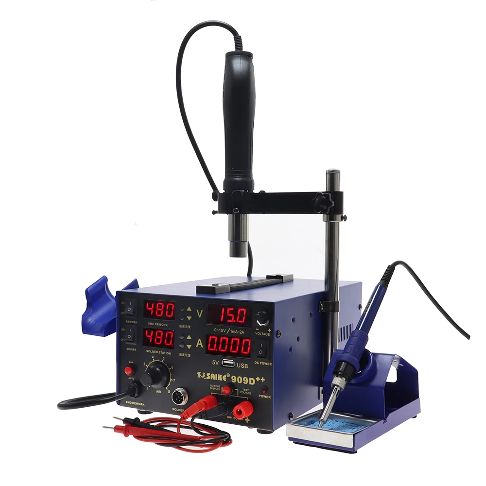 SIAKE-pistola de aire caliente 909D ++, pantalla Digital de alta potencia, estación de soldadura de hierro, fuente de alimentación, estación de retrabajo tres en uno, 0-15V, 0-2A