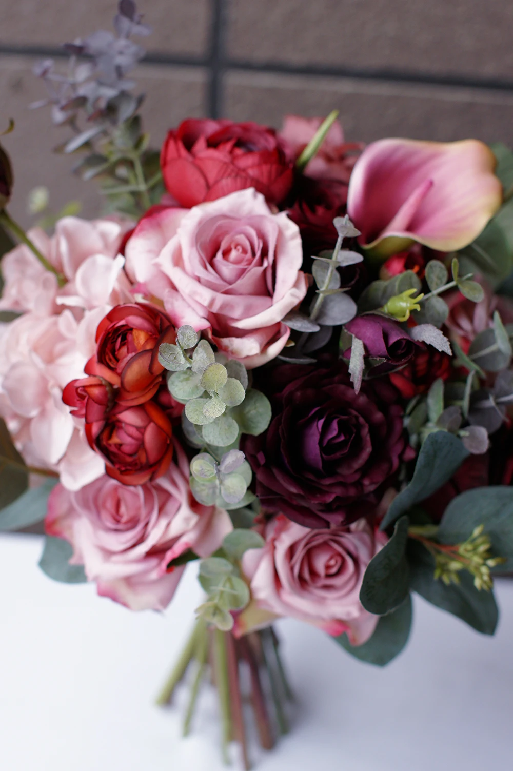 Janevini vintage rosa borgonha flores bouquets de casamento artesanal seda calla lírio rosas hydrangea falso bouquet de acessórios de noiva