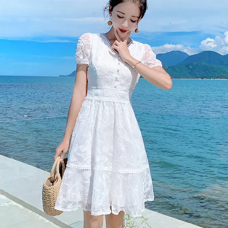 Summer Rabbit Fur Women's Dress V-Neck Short Sleeve Pullover White Solid Lace Hollow Out Korean Style Fashion Casual Dress