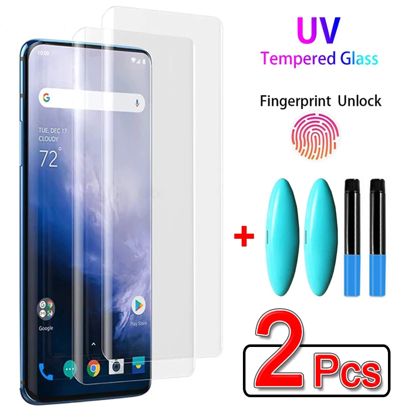 2Pcs UV Liquid Glue Tempered Glass For Oneplus 7 7T Pro Premium UV Liquid Screen Protector For One Plus 8 9 10 Pro Curved Glass