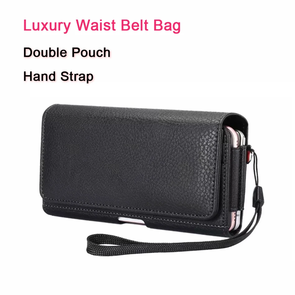 Leather Wallet Strap Dual Pouch 2 Phone Holder Belt Clip Case For iPhone 15 Pro Max Samsung Xiaomi Huawei Men Waist Bag Holster