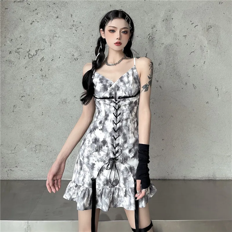 

Hot Girl Tie-dye Straps Dress Women Summer Sleeveless Bandage Dress Harajuke V-neck Drawstring Chiffon Mini Dresses Female