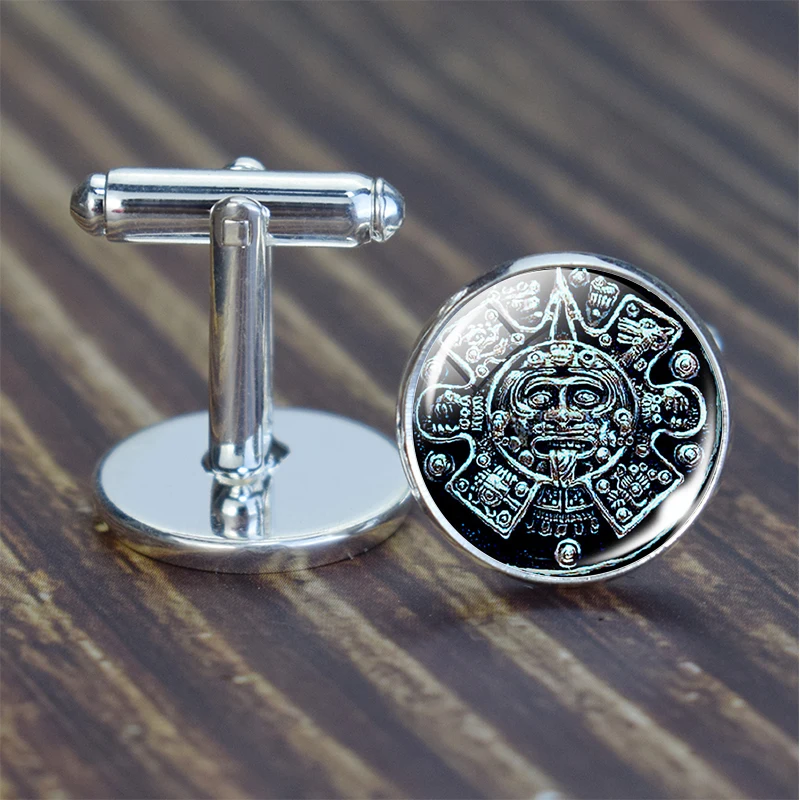 ازتيك التقويم أزرار أكمام القديمة المكسيك الفن زجاج قبة أزرار أكمام أفضل الرجال الكفة الروابط