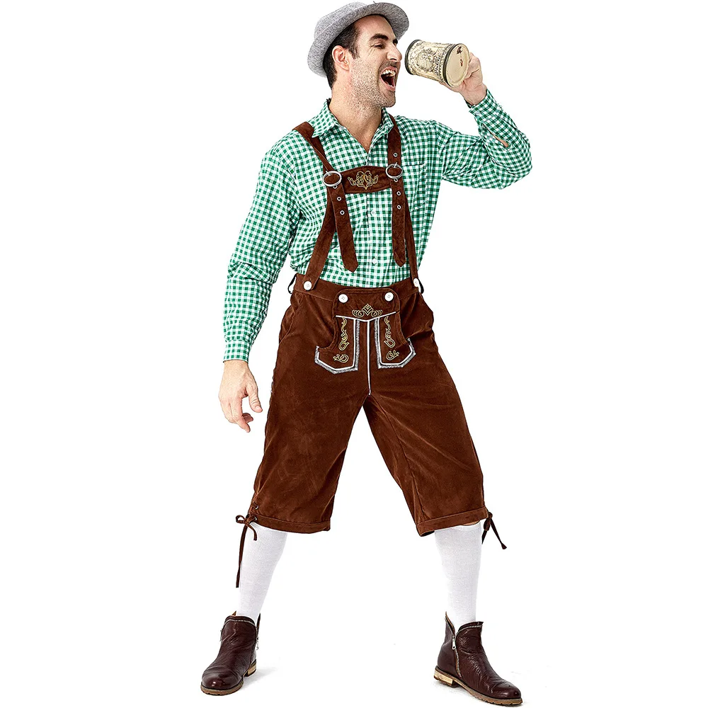 Men's Oktoberfest Lederhosen with Suspenders Hat Costumes Set For Man Party Cosplay Waiter Halloween Game Costumes Size M -2XL