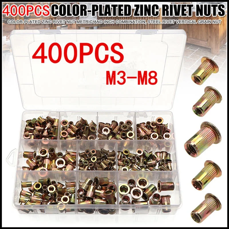 400Pcs Mixed Carbon Steel Rivet Nut M3 M4 M5 M6 M8 Nut Zinc Plated Flat Head Threaded Insert Nut Kit