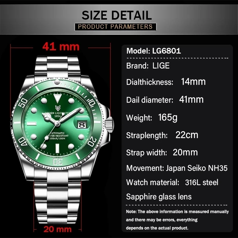 2023  LIGE Watch Men Automatic Mechanical Tourbillon Clock Fashion Sapphire Glass 316L Steel 100 Waterproof Watches men\'s wrist