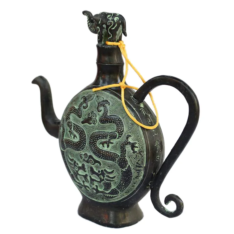 Antique collection bronze double dragon wine pot antique bronze rust crafts business gifts good ancient bronze wine pot ornament