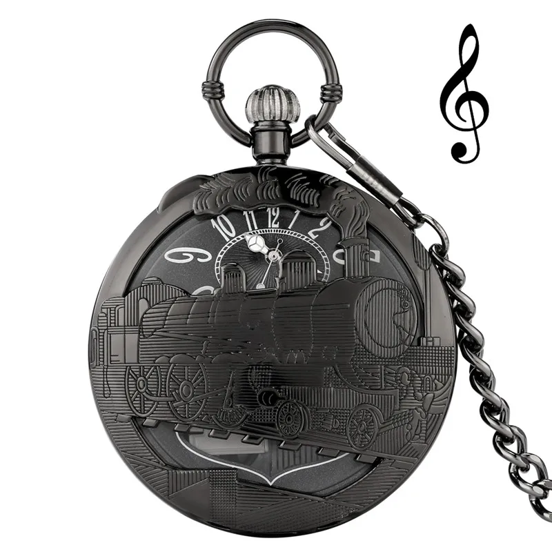 Steampunk Hollow Locomotive Train Case Playing Music City Sky Song Men Women Quartz Analog Pocket Watch with Pendant Chain Clock