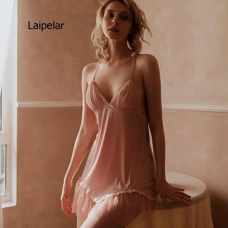 Silky Floral Nightgowns Sexy Lingerie Ice Silk Lace Back Strap Cross Nightdress Women Sleepwear Nightshirt White Pink