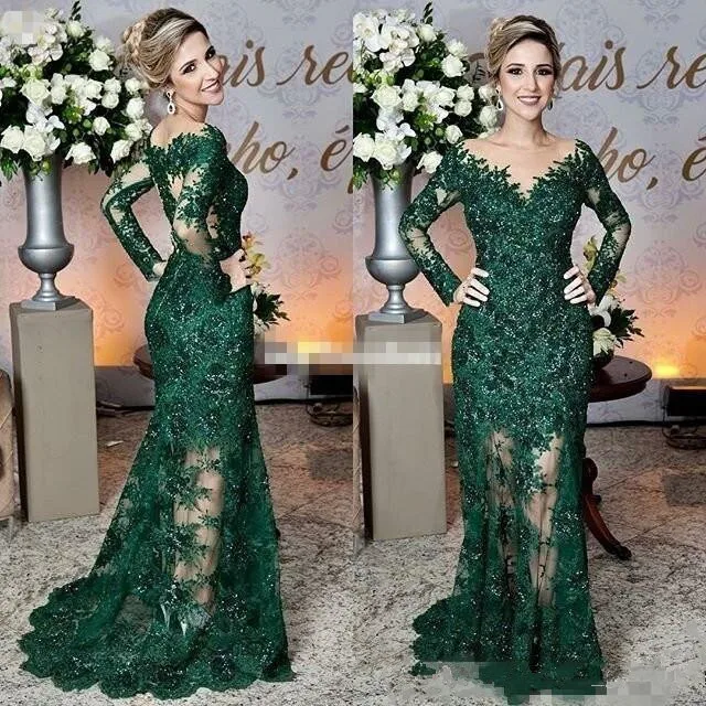 Robe de mère de la mariée vert foncé, en dentelle, col à bijoux, manches longues, style sirène, robe de bal formelle, nouvelle collection 2020