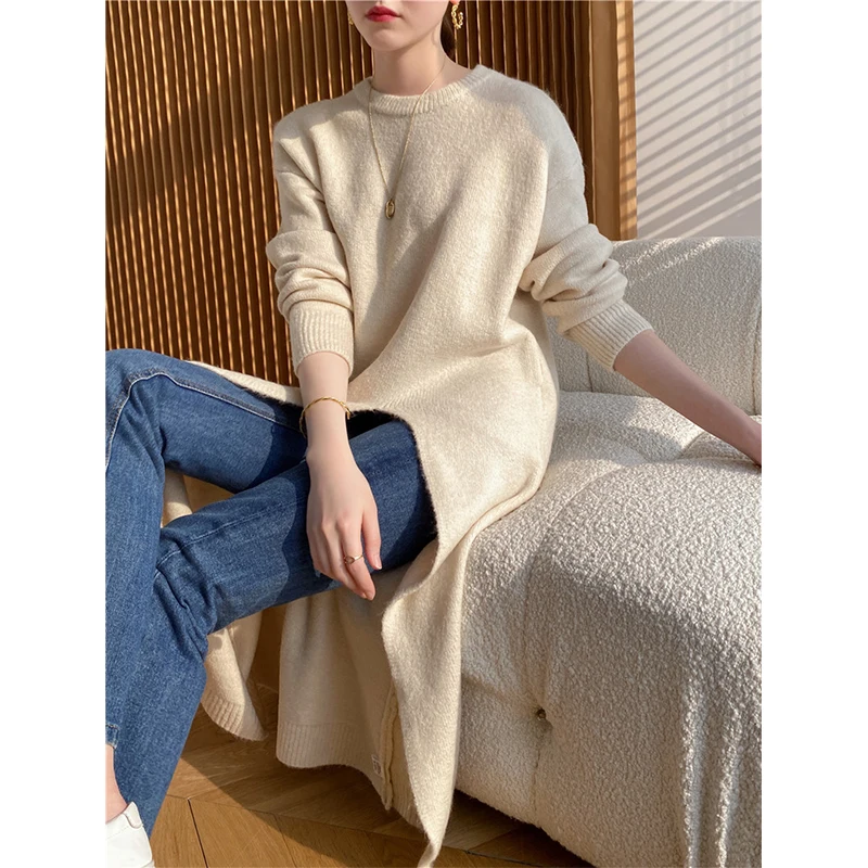 [ZAYAU]Autumn and Winter New Sweater Coat women\'s Simple Lazy Medium Length Knitted Split Pullover Dress