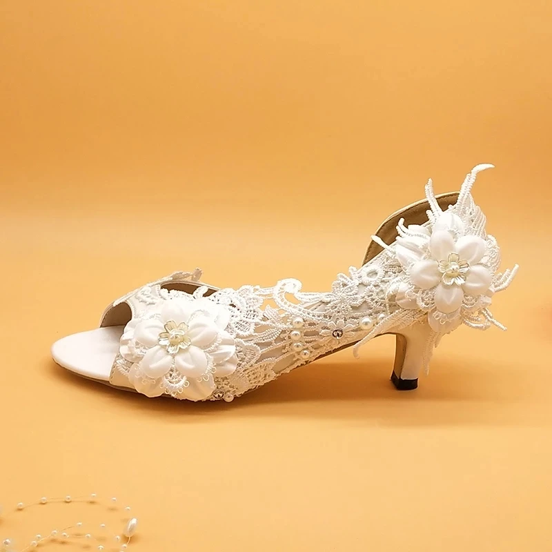 Women Bride Wedding Shoes White Flower 2021 New Party Dress Shoes Ladies Open Toe High Heel Pumps Thin Heels Princess shoes