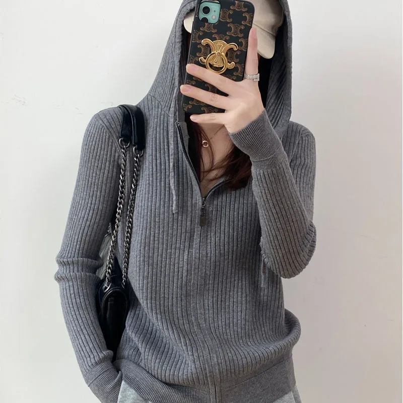 Women cardigans 2023 spring new hooded sweater cardigan female bottoming shirt casual loose knit zip jacket with cap sweaters