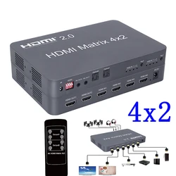 Comutador hdmi 2.0, matriz de splitter 4x2, 4k, 60hz, suporte de áudio independente por estrutura óptica ou estéreo lpcm/dolby/dts